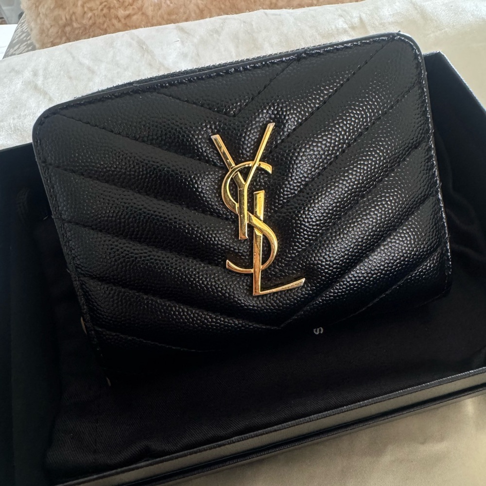 Saint Laurent Black Textured Wallet with Gold Detail